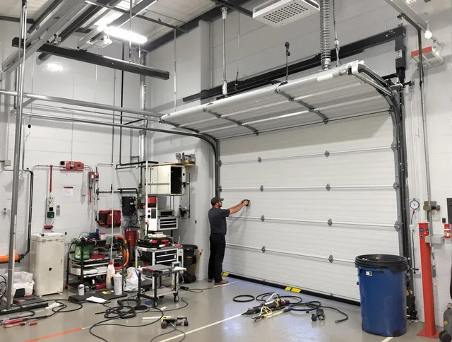 Lehigh Acres Garage Door Repair certified technician performing commercial door repair at a Lehigh Acres business facility