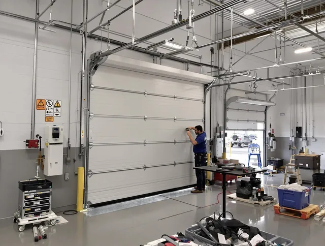 Commercial garage door repair being performed by Lehigh Acres Garage Door Repair expert in Lehigh Acres