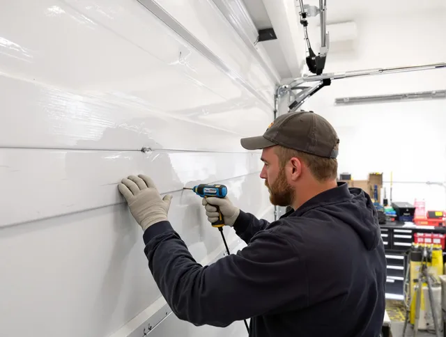 Lehigh Acres Garage Door Repair technician demonstrating precision dent removal techniques on a Lehigh Acres garage door