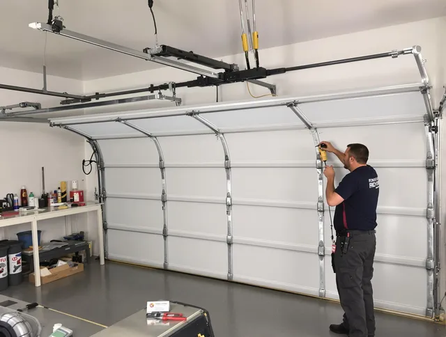 Lehigh Acres Garage Door Repair certified technician performing overhead door system repair in Lehigh Acres