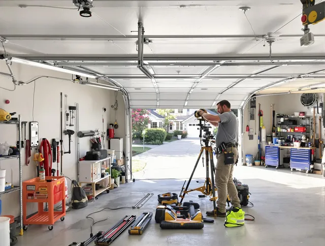 Lehigh Acres Garage Door Repair specialist performing laser-guided track alignment in Lehigh Acres